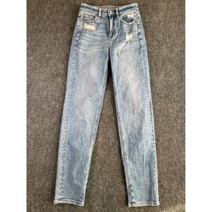 American Eagle Womens Mom Straight Jean Light Wash Distressed Size 0 X Long